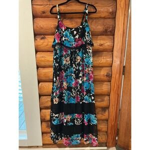 Torrid Floral Lace Trim Maxi Dress Black Pink Blue Popover Smocked Back Size 2